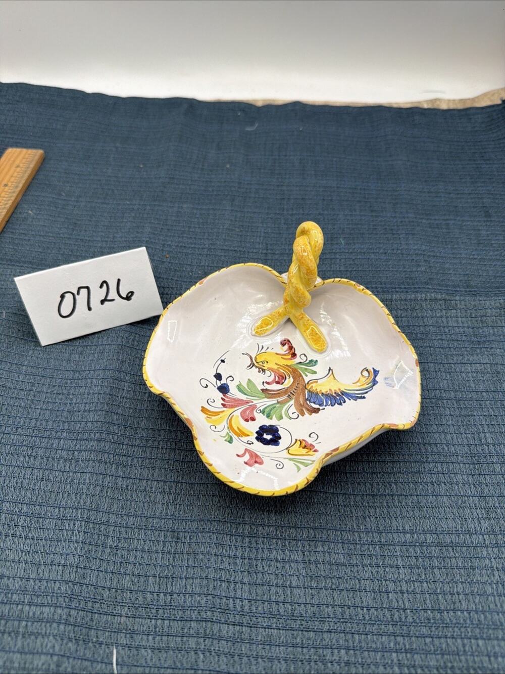 Vintage Hand-Painted Italian Maiolica Serving Dish with Twisted Handle - Signed